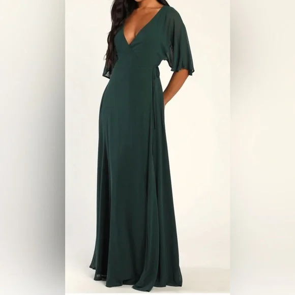 Romantic Energy Emerald Green Flutter Sleeve Maxi Wrap Dress - Picture 2 of 11